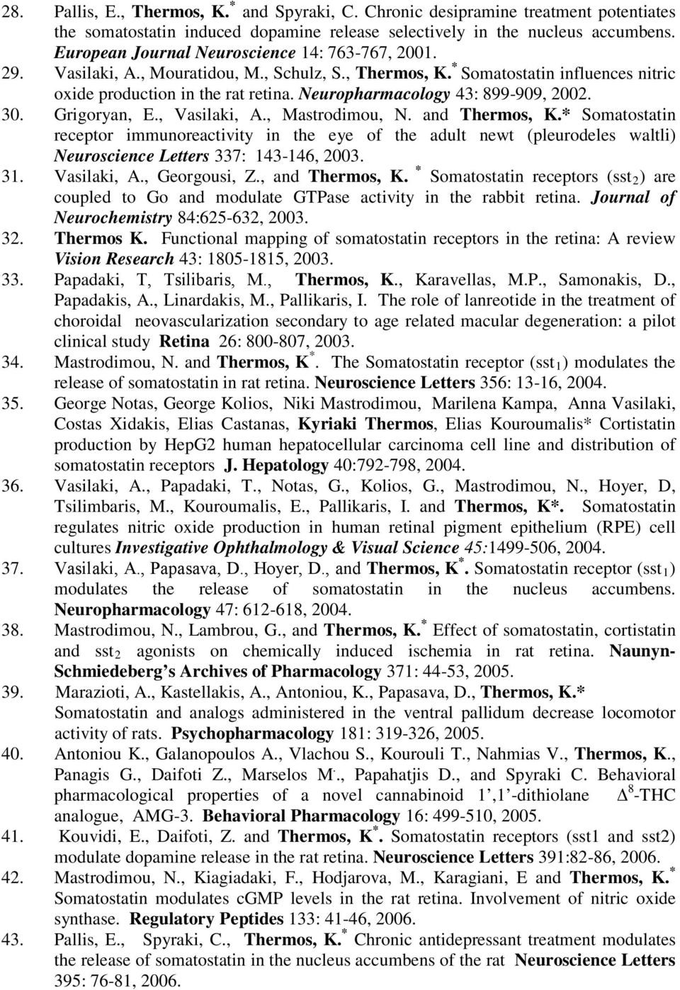 Neuropharmacology 43: 899-909, 2002. 30. Grigoryan, E., Vasilaki, A., Mastrodimou, N. and Thermos, K.