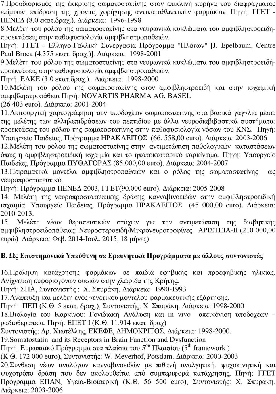 Πηγή: ΓΓΕΤ - Ελληνο-Γαλλική Συνεργασία Πρόγραμμα "Πλάτων" [J. Epelbaum, Centre Paul Broca (4.375 εκατ. δραχ.)]. Διάρκεια: 1998-2001 9.