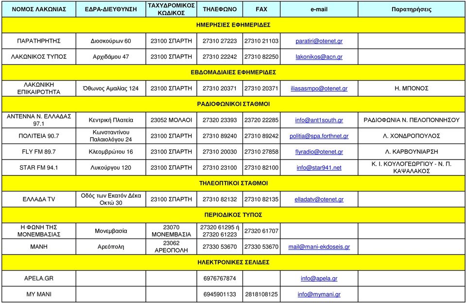 gr ΕΒ ΟΜΑ ΙΑΙΕΣ ΕΦΗΜΕΡΙ ΕΣ ΛΑΚΩΝΙΚΗ ΕΠΙΚΑΙΡΟΤΗΤΑ Όθωνος Αµαλίας 124 23100 ΣΠΑΡΤΗ 27310 20371 27310 20371 iliasasmpo@otenet.gr Η. ΜΠΟΝΟΣ ΑΝΤΕΝΝΑ Ν. ΕΛΛΑ ΑΣ 97.1 ΠΟΛΙΤΕΙΑ 90.