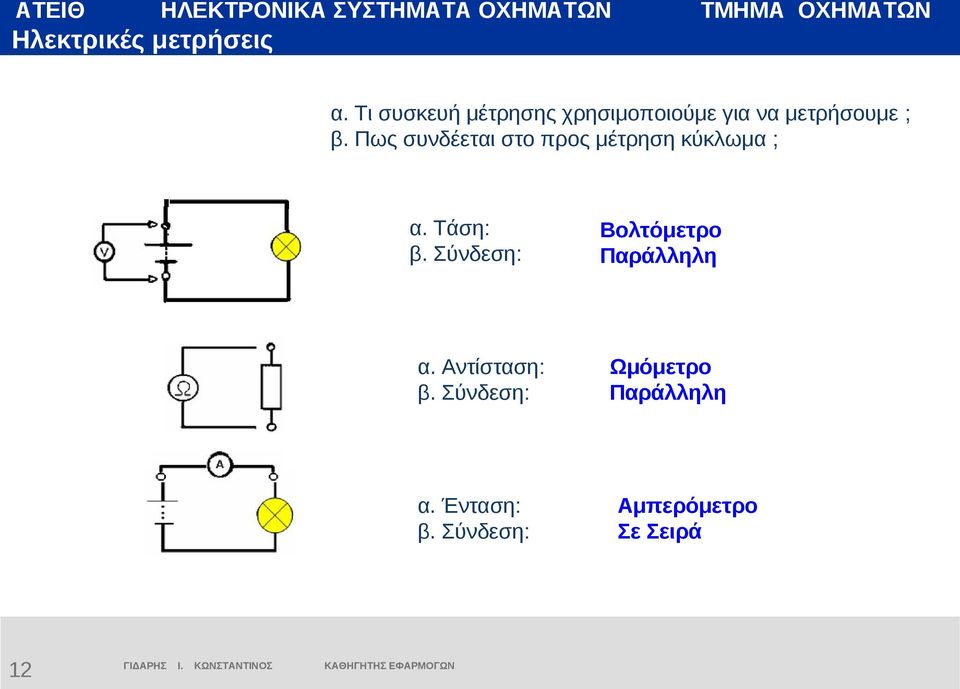 Πως συνδέεται στο προς μέτρηση κύκλωμα ; α. Τάση: β. Σύνδεση: α.