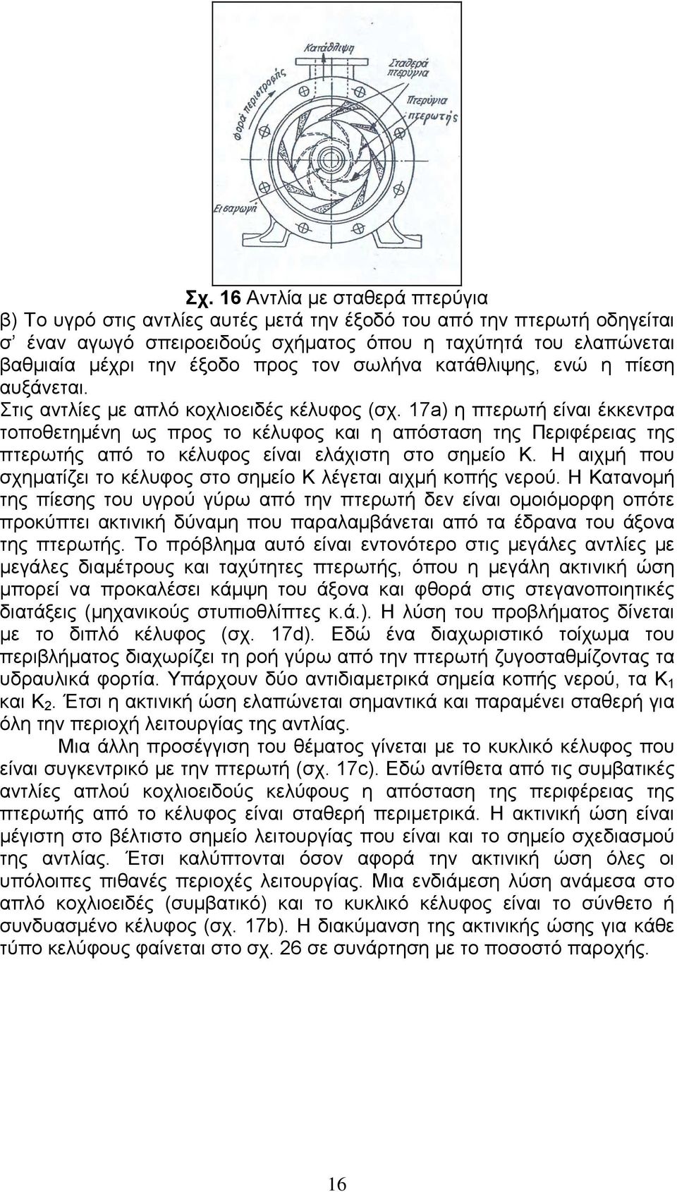 17a) η πτερωτή είναι έκκεντρα τοποθετηµένη ως προς το κέλυφος και η απόσταση της Περιφέρειας της πτερωτής από το κέλυφος είναι ελάχιστη στο σηµείο Κ.