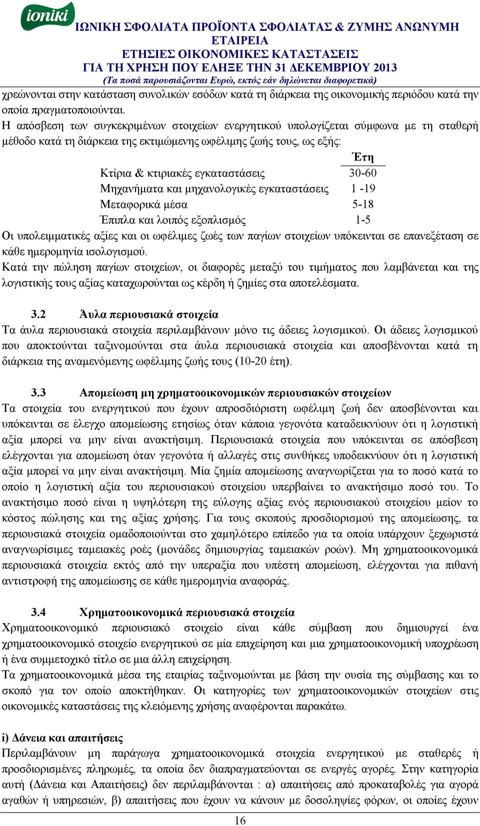 Μηχανήματα και μηχανολογικές εγκαταστάσεις 1-19 Μεταφορικά μέσα 5-18 Έπιπλα και λοιπός εξοπλισμός 1-5 Οι υπολειμματικές αξίες και οι ωφέλιμες ζωές των παγίων στοιχείων υπόκεινται σε επανεξέταση σε