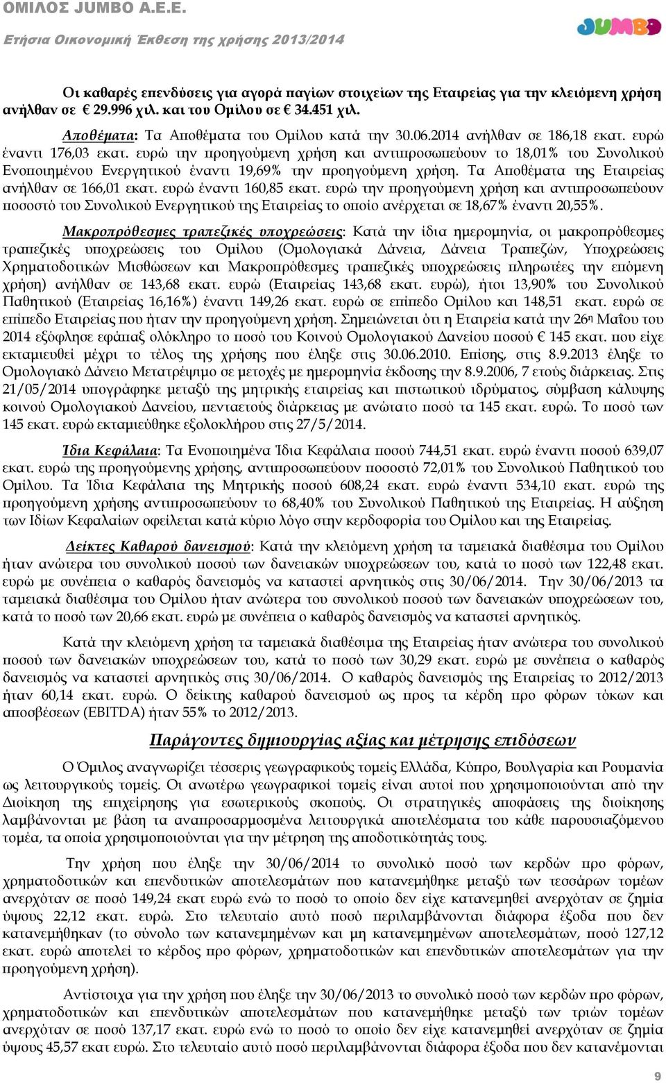 Τα Αποθέματα της Εταιρείας ανήλθαν σε 166,01 εκατ. ευρώ έναντι 160,85 εκατ.