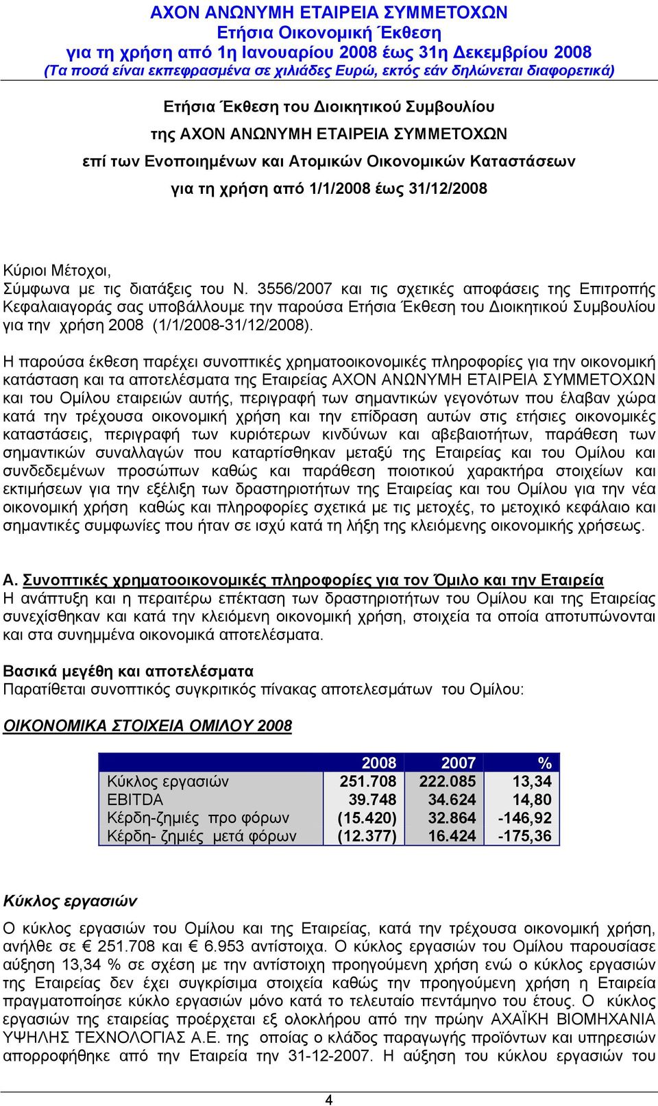 3556/2007 και τις σχετικές αποφάσεις της Επιτροπής Κεφαλαιαγοράς σας υποβάλλουμε την παρούσα Ετήσια Έκθεση του Διοικητικού Συμβουλίου για την χρήση 2008 (1/1/2008-31/12/2008).