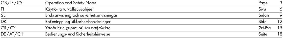 9 DK Betenings- og sikkerhetshenvisninger Side 12 GR / CY Υποδείξεις
