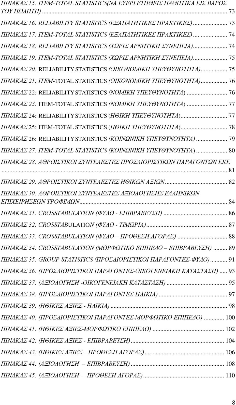 .. 75 ΠΙΝΑΚΑΣ 20: RELIABILITY STATISTICS (ΟΙΚΟΝΟΜΙΚΗ ΥΠΕΥΘΥΝΟΤΗΤΑ)... 75 ΠΙΝΑΚΑΣ 21: ITEM-TOTAL STATISTICS (ΟΙΚΟΝΟΜΙΚΗ ΥΠΕΥΘΥΝΟΤΗΤΑ)... 76 ΠΙΝΑΚΑΣ 22: RELIABILITY STATISTICS (ΝΟΜΙΚΗ ΥΠΕΥΘΥΝΟΤΗΤΑ).