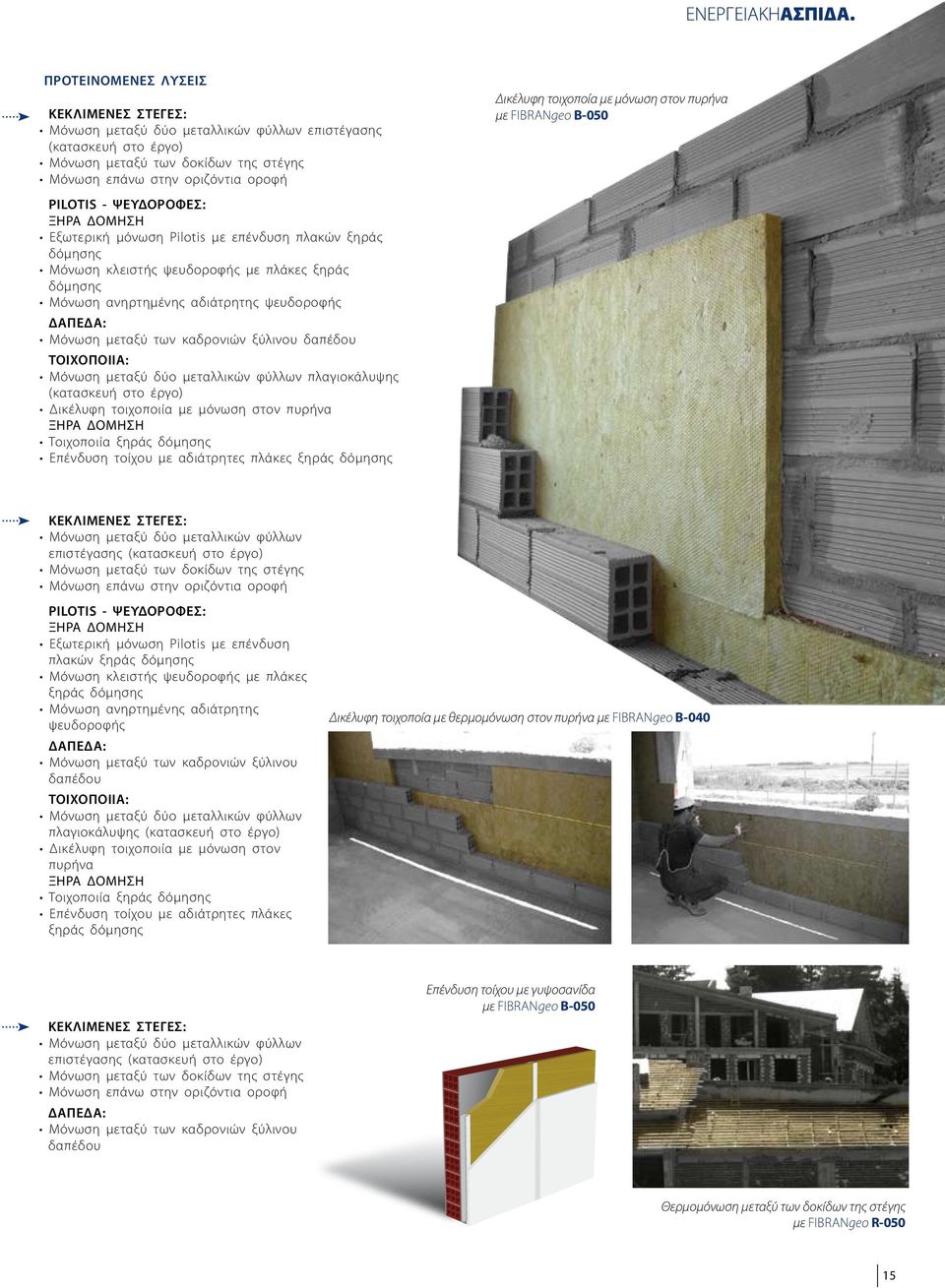 δαπέδου ΤΟΙΧΟΠΟΙΙΑ: Μόνωση μεταξύ δύο μεταλλικών φύλλων πλαγιοκάλυψης (κατασκευή στο έργο) Δικέλυφη τοιχοποιία με μόνωση στον πυρήνα Τοιχοποιία ξηράς δόμησης Επένδυση τοίχου με αδιάτρητες πλάκες
