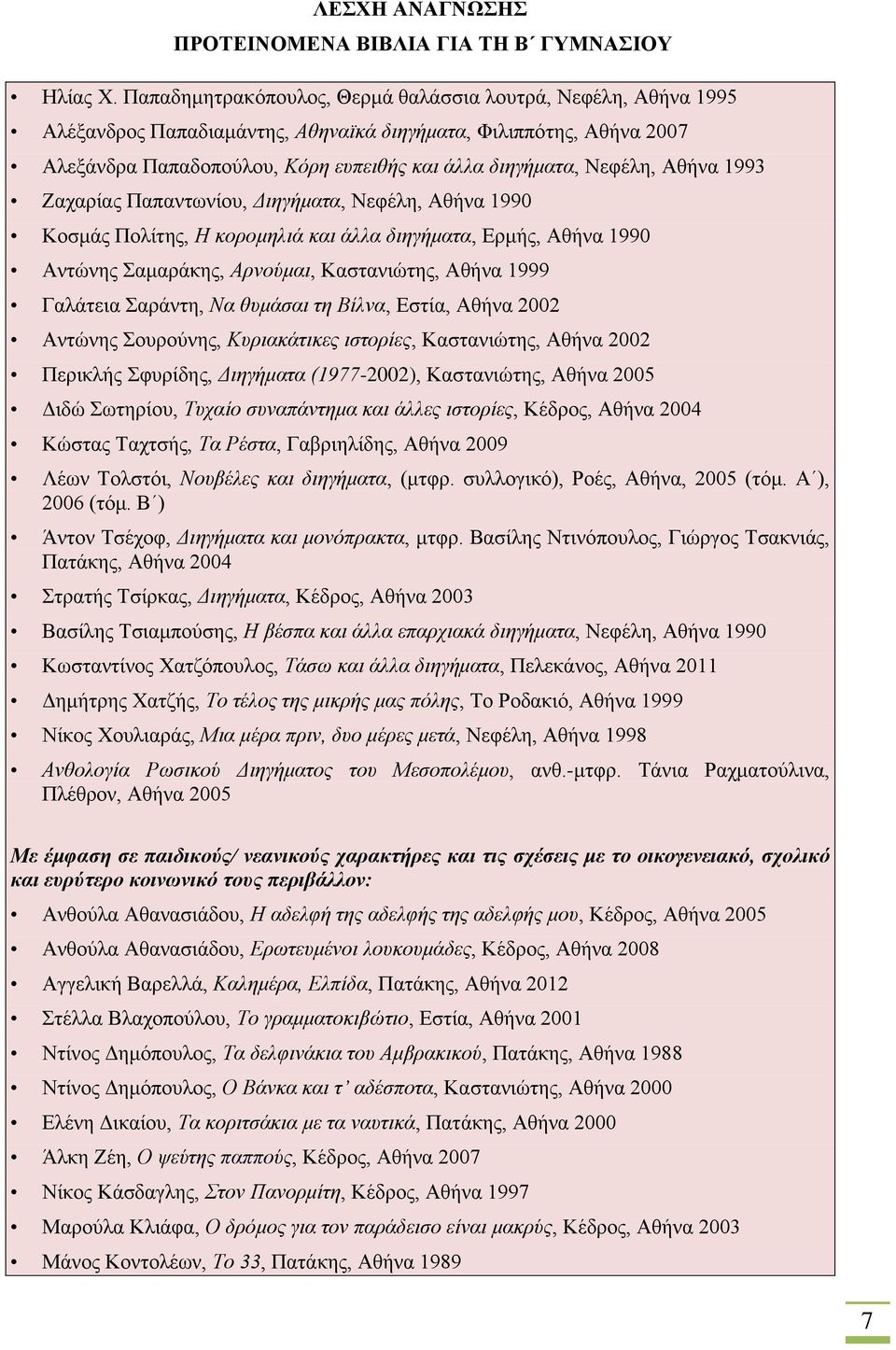 Αθήνα 1993 Ζαχαρίας Παπαντωνίου, Διηγήματα, Νεφέλη, Αθήνα 1990 Κοσμάς Πολίτης, Η κορομηλιά και άλλα διηγήματα, Ερμής, Αθήνα 1990 Αντώνης Σαμαράκης, Αρνούμαι, Καστανιώτης, Αθήνα 1999 Γαλάτεια Σαράντη,