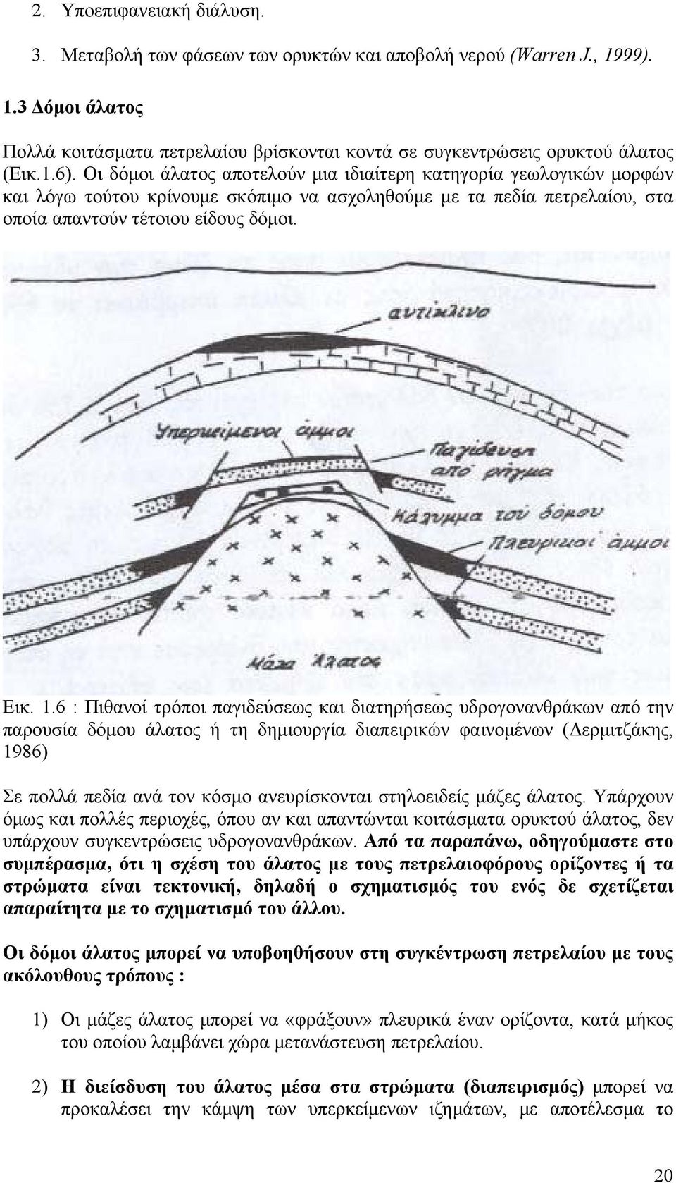 6 : Πιθανοί τρόποι παγιδεύσεως και διατηρήσεως υδρογονανθράκων από την παρουσία δόμου άλατος ή τη δημιουργία διαπειρικών φαινομένων (Δερμιτζάκης, 1986) Σε πολλά πεδία ανά τον κόσμο ανευρίσκονται