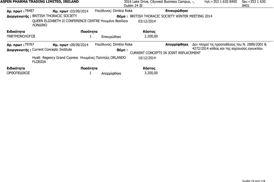 03/12/2014 ΛΟΝΔΙΝΟ ΠΝΕΥΜΟΝΟΛΟΓΟΣ 1 2.200,00 τηλ:+353 1 630 8400 fax:+353 1 630 8401 Αρ. πρωτ : 79767 Ημ. πρωτ :09/09/2014 Υπεύθυνος: Dimitra Roka Απορρίφθηκε Δεν πληροί τις προϋποθέσεις του Ν.