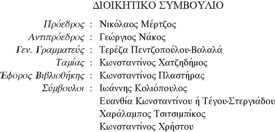 Έφορος Bιβλιοθήκης : Κωνσταντίνος Πλαστήρας Σύμβουλοι : Ιωάννης Κολιόπουλος