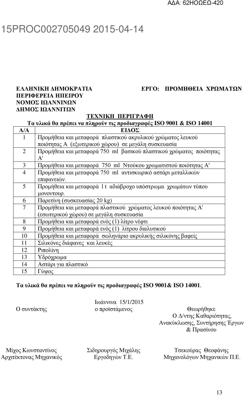 μεταφορά 750 ml Ντούκου χρωματιστού ποιότητας Α' 4 Προμήθεια και μεταφορά 750 ml αντισκωρικό αστάρι μεταλλικών επιφανειών. 5 Προμήθεια και μεταφορά l t αδιάβροχο υπόστρωμα χρωμάτων τύπου μονοντουρ.