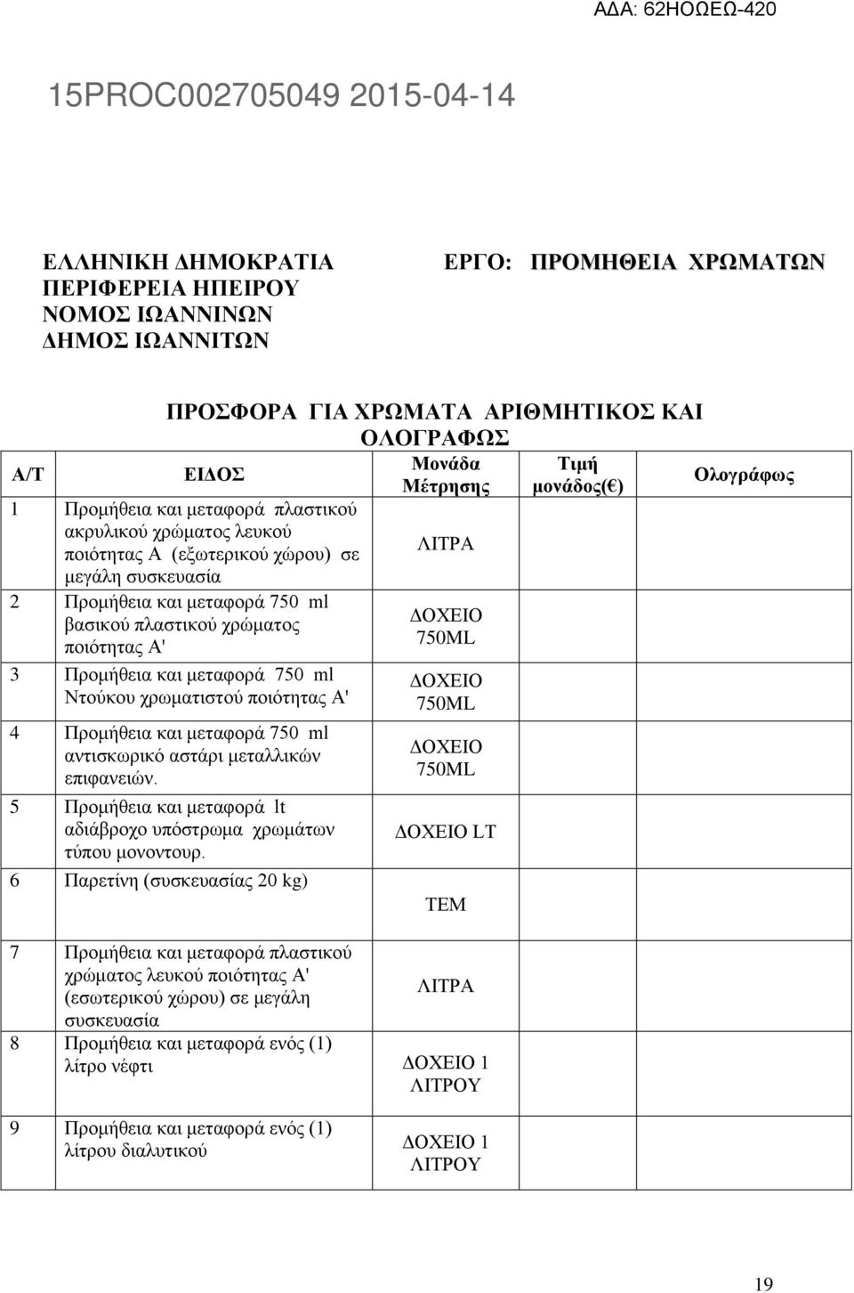 ποιότητας Α' 4 Προμήθεια και μεταφορά 750 ml αντισκωρικό αστάρι μεταλλικών επιφανειών. 5 Προμήθεια και μεταφορά lt αδιάβροχο υπόστρωμα χρωμάτων τύπου μονοντουρ.