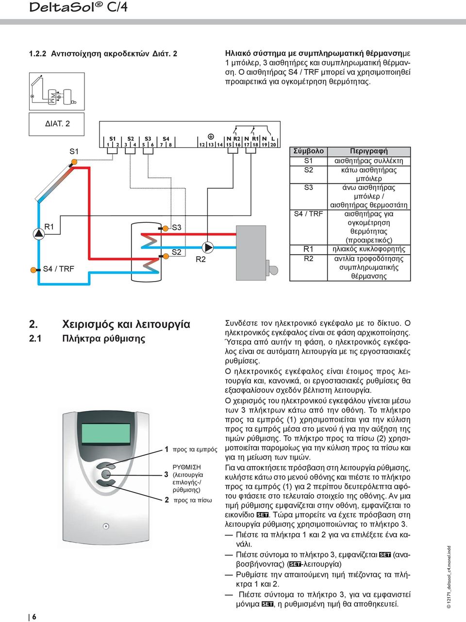 2 R1 S4 / TRF S1 S3 S2 R2 Σύμβολο S1 S2 S3 S4 / TRF R1 R2 Περιγραφή αισθητήρας συλλέκτη κάτω αισθητήρας μπόιλερ άνω αισθητήρας μπόιλερ / αισθητήρας θερμοστάτη αισθητήρας για ογκομέτρηση θερμότητας