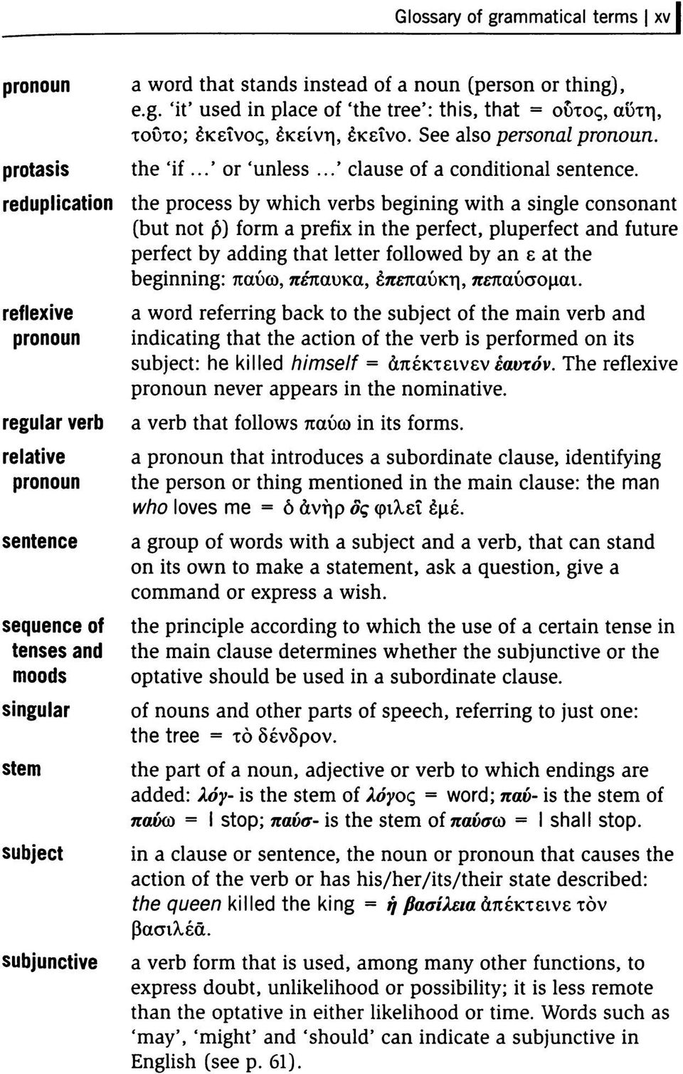 reduplication the process by which verbs begining with a single consonant (but not β) form a prefix in the perfect, pluperfect and future perfect by adding that letter followed by an ε at the