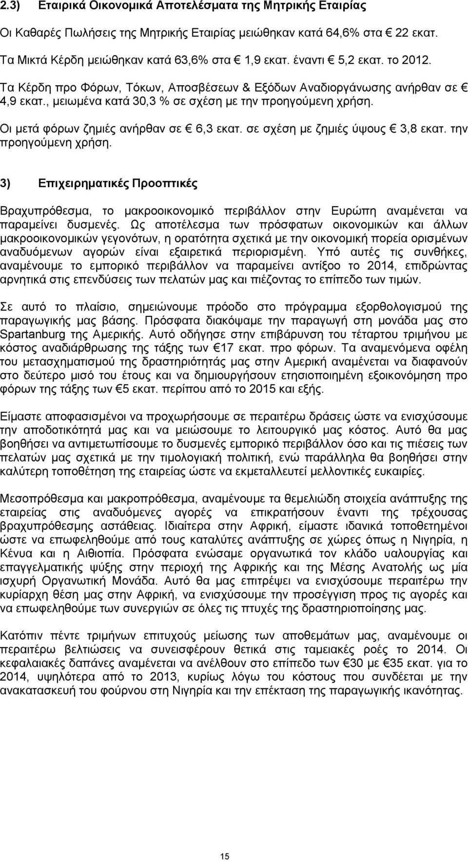 Οι μετά φόρων ζημιές ανήρθαν σε 6,3 εκατ. σε σχέση με ζημιές ύψους 3,8 εκατ. την προηγούμενη χρήση.