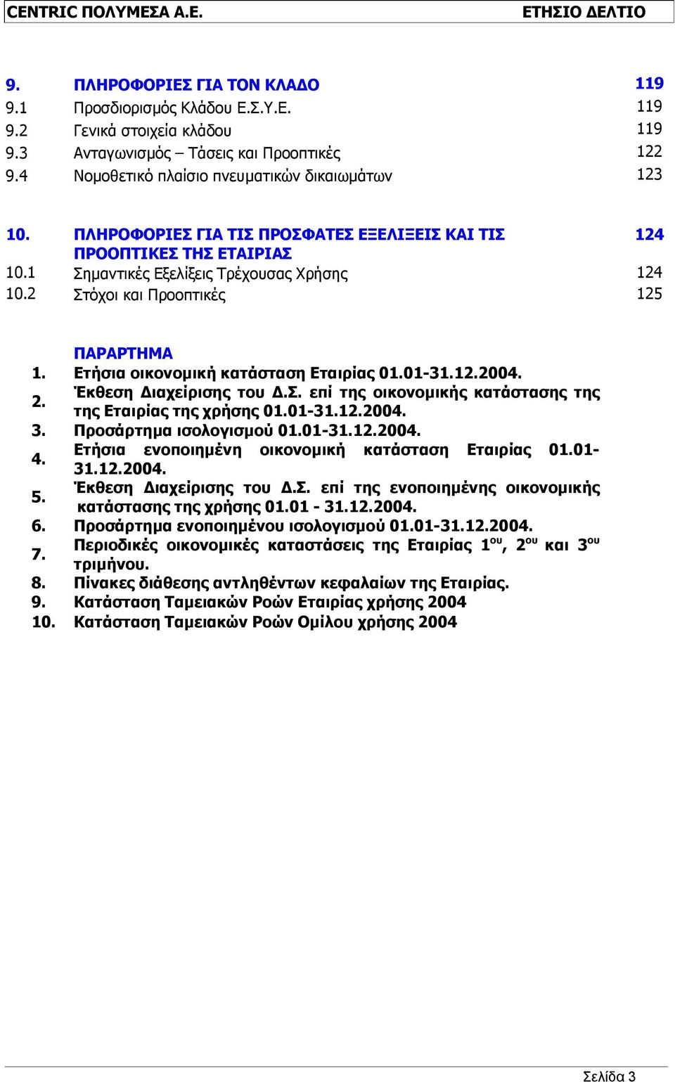 Ετήσια οικονομική κατάσταση Εταιρίας 01.01-31.12.2004. 2. Έκθεση Διαχείρισης του Δ.Σ. επί της οικονομικής κατάστασης της της Εταιρίας της χρήσης 01.01-31.12.2004. 3. Προσάρτημα ισολογισμού 01.01-31.12.2004. 4.