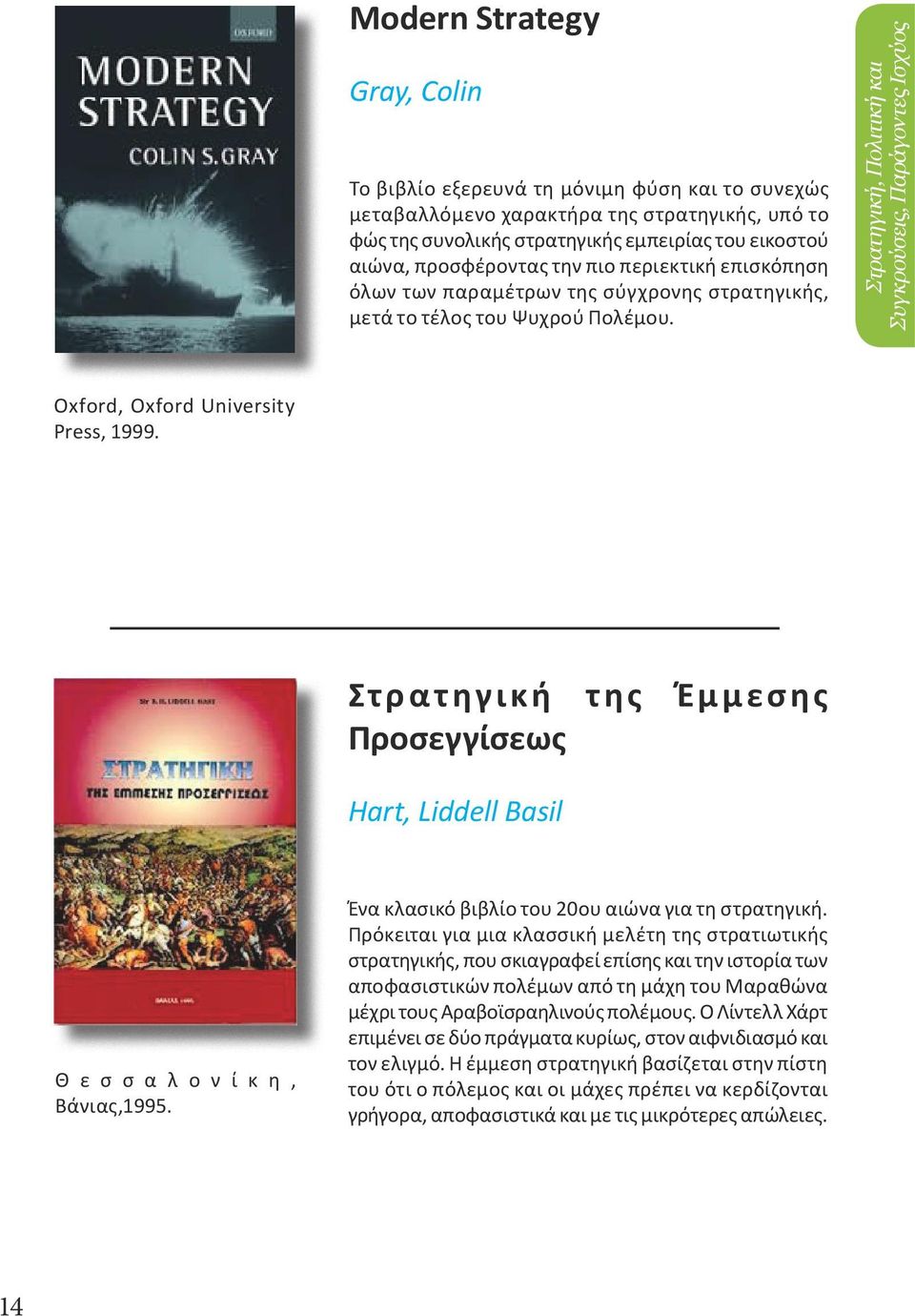 Στρατηγική, Πολιτική και Συγκρούσεις, Παράγοντες Ισχύος Oxford, Oxford University Press, 1999. Στρατηγική της Έμμεσης Προσεγγίσεως Hart, Liddell Basil Θ ε σ σ α λ ο ν ί κ η, Βάνιας,1995.