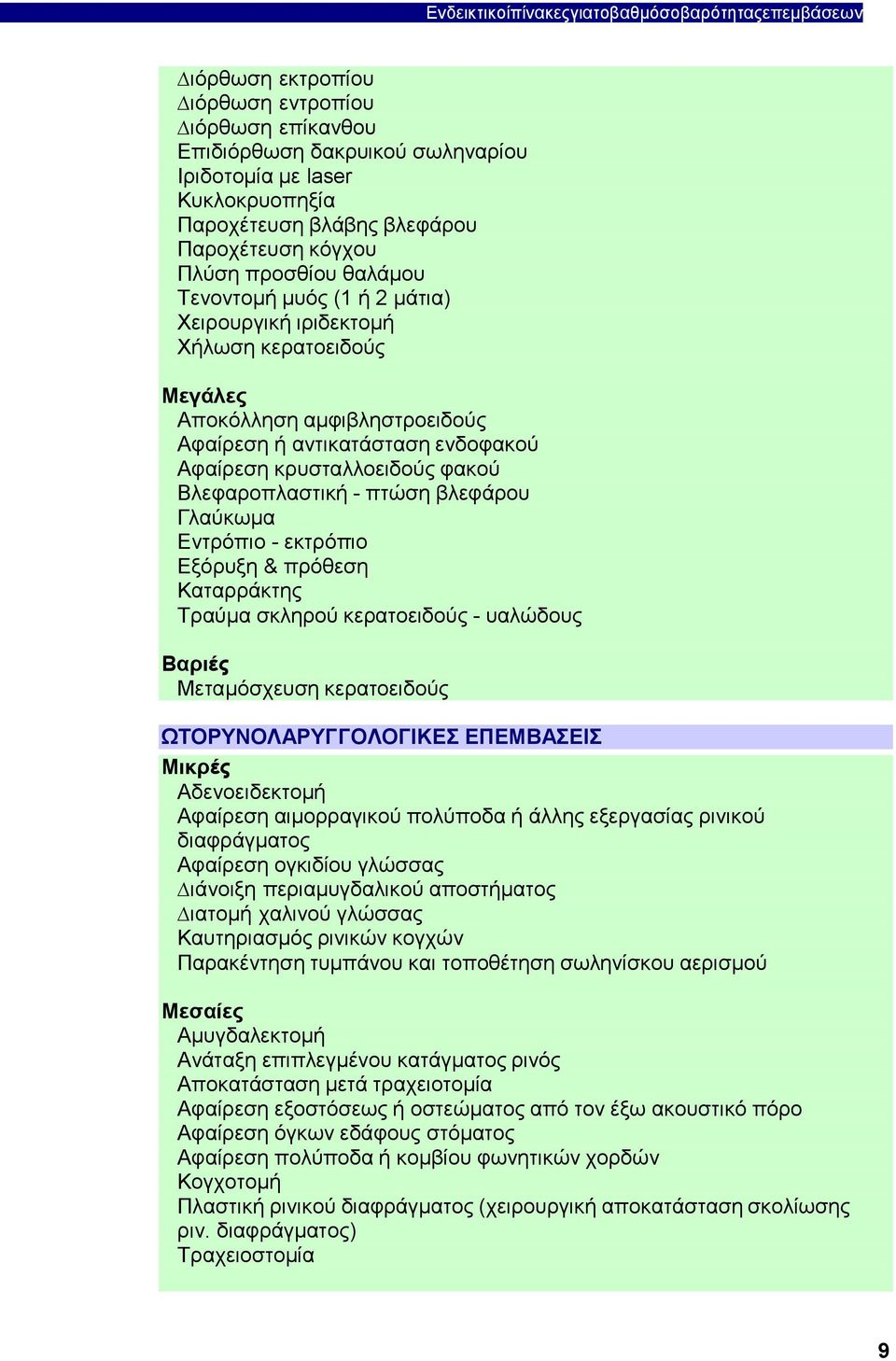 Γλαύκωµα Εντρόπιο - εκτρόπιο Εξόρυξη & πρόθεση Καταρράκτης Τραύµα σκληρού κερατοειδούς - υαλώδους Μεταµόσχευση κερατοειδούς ΩΤΟΡΥΝΟΛΑΡΥΓΓΟΛΟΓΙΚΕΣ ΕΠΕΜΒΑΣΕΙΣ Αδενοειδεκτοµή Αφαίρεση αιµορραγικού