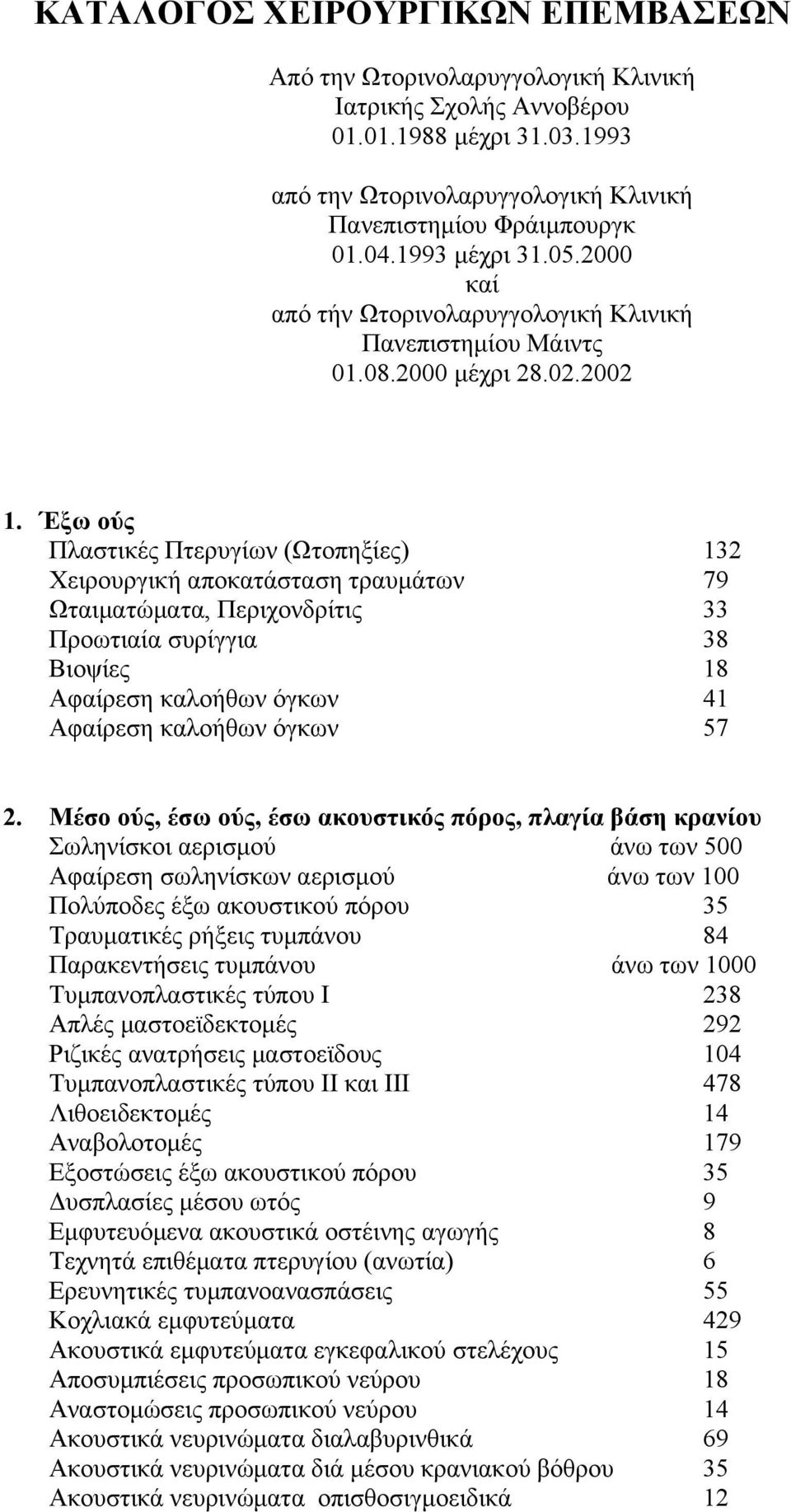 Έξω ούς Πλαστικές Πτερυγίων (Ωτοπηξίες) 132 Χειρουργική αποκατάσταση τραυµάτων 79 Ωταιµατώµατα, Περιχονδρίτις 33 Προωτιαία συρίγγια 38 Βιοψίες 18 Αφαίρεση καλοήθων όγκων 41 Αφαίρεση καλοήθων όγκων 57