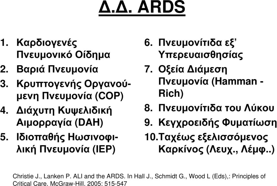 Οξεία ιάµεση Πνευµονία (Hamman - Rich) 8. Πνευµονίτιδα του Λύκου 9. Κεγχροειδής Φυµατίωση 10.