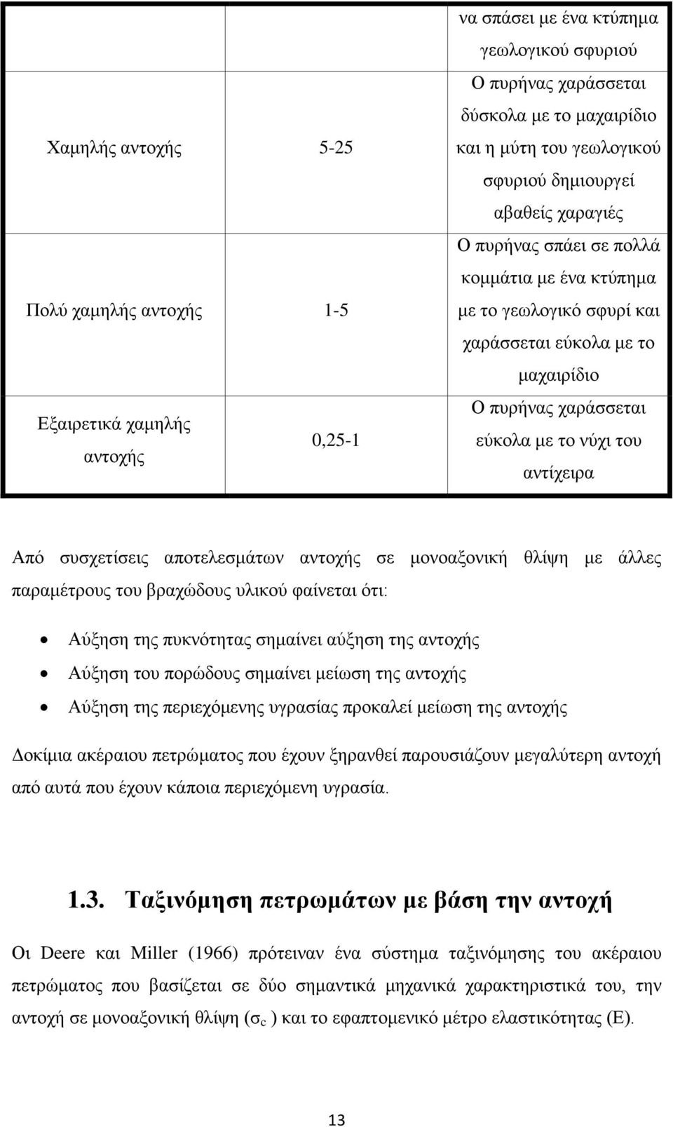 Από συσχετίσεις αποτελεσμάτων αντοχής σε μονοαξονική θλίψη με άλλες παραμέτρους του βραχώδους υλικού φαίνεται ότι: Αύξηση της πυκνότητας σημαίνει αύξηση της αντοχής Αύξηση του πορώδους σημαίνει