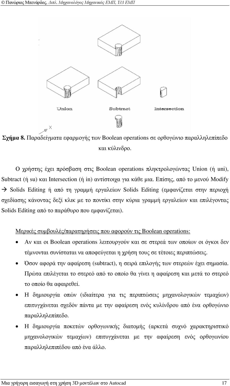 Επίσης, από το µενού Modify Solids Editing ή από τη γραµµή εργαλείων Solids Editing (εµφανίζεται στην περιοχή σχεδίασης κάνοντας δεξί κλικ µε το ποντίκι στην κύρια γραµµή εργαλείων και επιλέγοντας