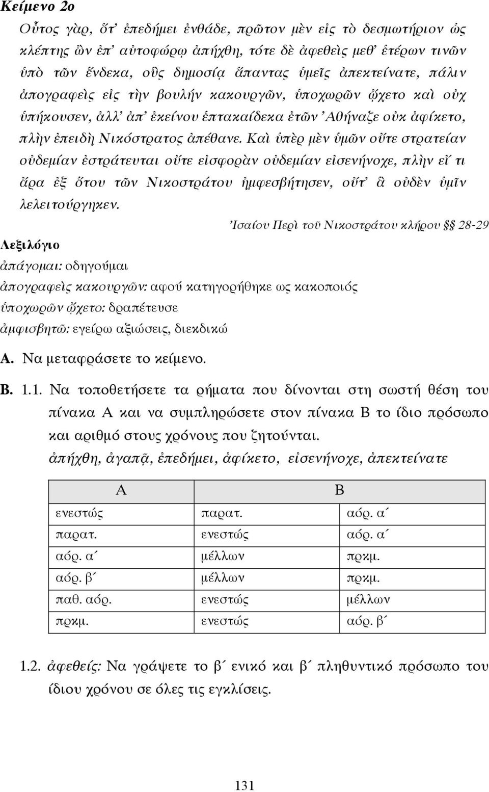 Καὶ ὑπὲρ µὲν ὑµῶν οὔτε στρατείαν οὐδεµίαν ἐστράτευται οὔτε εἰσφορὰν οὐδεµίαν εἰσενήνοχε, πλὴν εἴ τι ἄρα ἐξ ὅτου τῶν Νικοστράτου ἠµφεσβήτησεν, οὔτ ἃ οὐδὲν ὑµῖν λελειτούργηκεν.