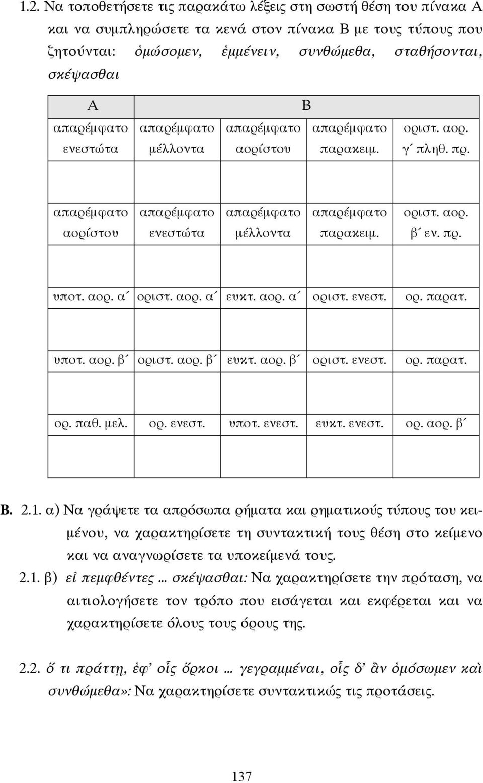 αορ. β ευκτ. αορ. β οριστ. ενεστ. ορ. παρατ. ορ. παθ. µελ. ορ. ενεστ. υποτ. ενεστ. ευκτ. ενεστ. ορ. αορ. β Β. 2.1.