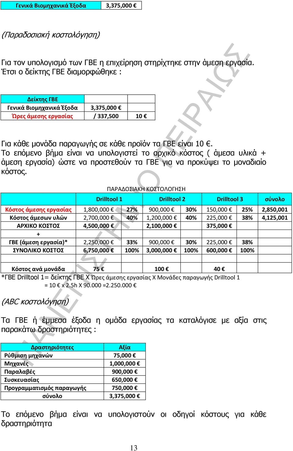 Το επόµενο βήµα είναι να υπολογιστεί το αρχικό κόστος ( άµεσα υλικά + άµεση εργασία) ώστε να προστεθούν τα ΓΒΕ για να προκύψει το µοναδιαίο κόστος.