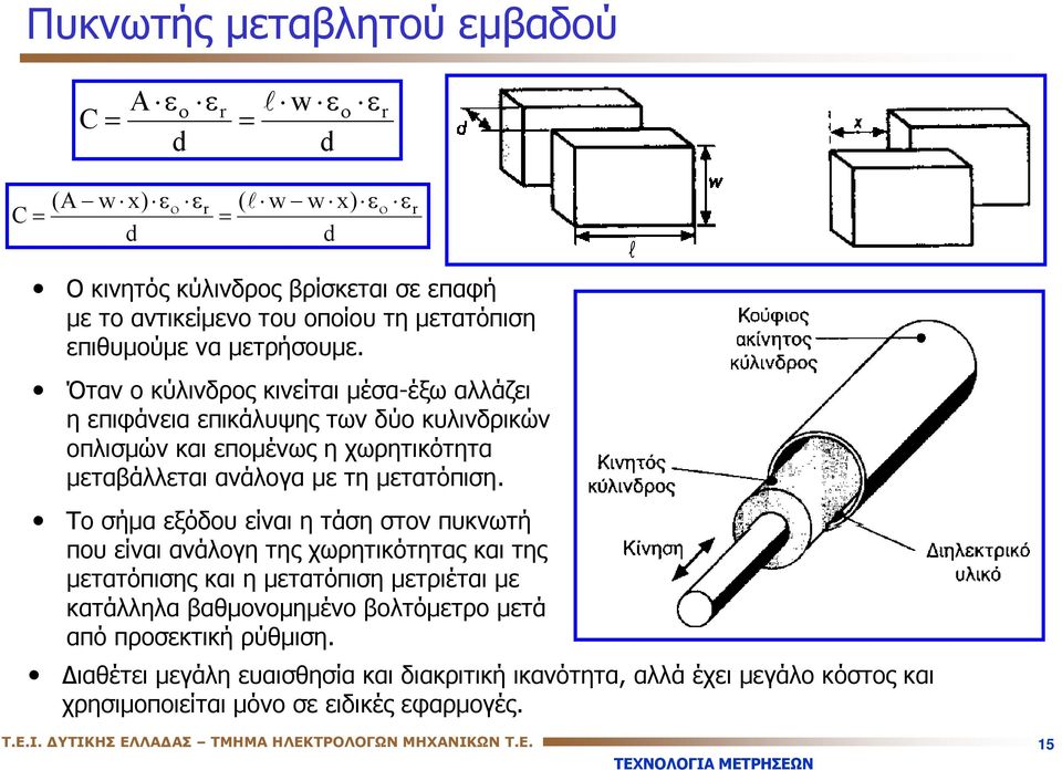 ε r Το σήμα εξόδου είναι η τάση στον πυκνωτή που είναι ανάλογη της χωρητικότητας και της μετατόπισης και η μετατόπιση μετριέται με κατάλληλα βαθμονομημένο βολτόμετρο μετά από