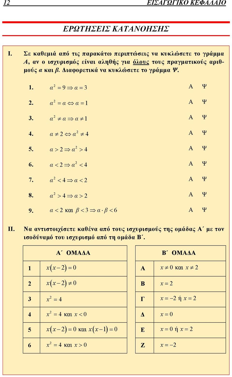 αριθμούς α και β. Διαφορετικά να κυκλώσετε το γράμμα Ψ.. α 9α Α Ψ. α α α Α Ψ. α αα Α Ψ 4. α α 4 Α Ψ 5. α α 4 Α Ψ 6. αα 4 Α Ψ 7.