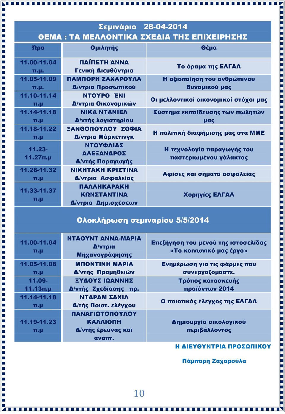 Δ/ντής Παραγωγής ΝΙΚΗΤΑΚΗ ΚΡΙΣΤΙΝΑ Δ/ντρια Ασφαλείας ΠΑΛΛΗΚΑΡΑΚΗ ΚΩΝΣΤΑΝΤΙΝΑ Δ/ντρια Δημ.