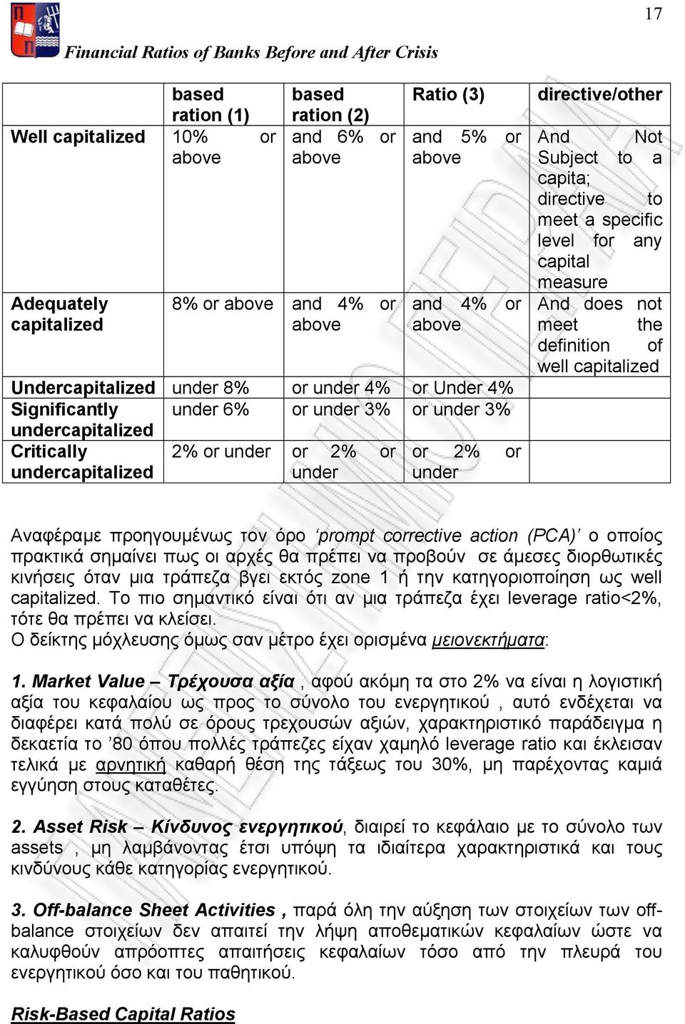 capita; directive to meet a specific level for any capital measure And does not meet the definition of well capitalized Αναφέραμε προηγουμένως τον όρο prompt corrective action (PCA) ο οποίος πρακτικά