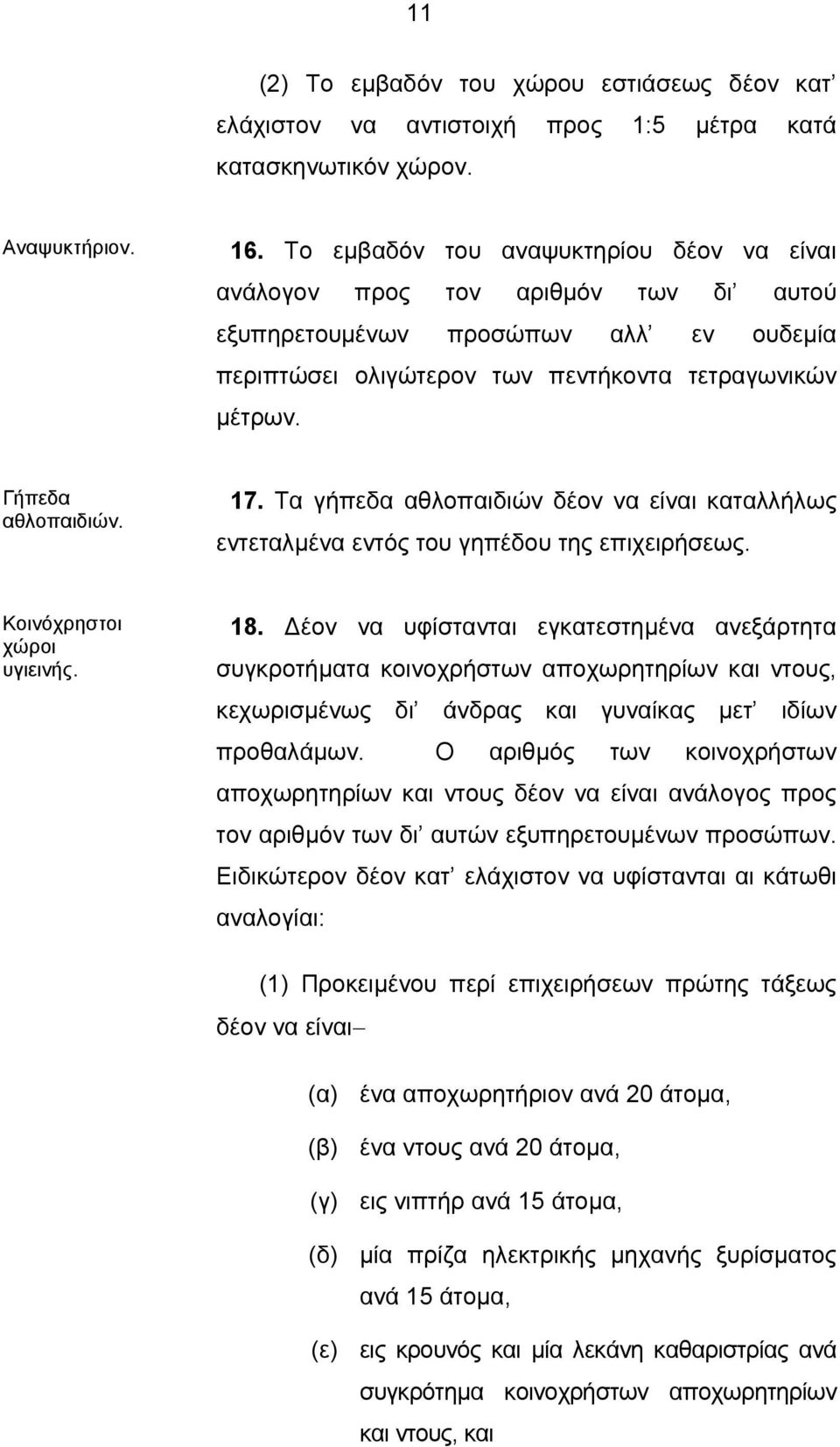 17. Τα γήπεδα αθλοπαιδιών δέον να είναι καταλλήλως εντεταλμένα εντός του γηπέδου της επιχειρήσεως. Κοινόχρηστοι χώροι υγιεινής. 18.