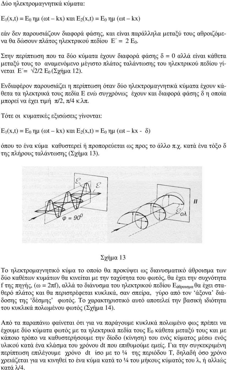 Στην περίπτωση που τα δύο κύµατα έχουν διαφορά φάσης δ = 0 αλλά είναι κάθετα µεταξύ τους το αναµενόµενο µέγιστο πλάτος ταλάντωσης του ηλεκτρικού πεδίου γίνεται Ε = 2/2 Ε 0 (Σχήµα 12).