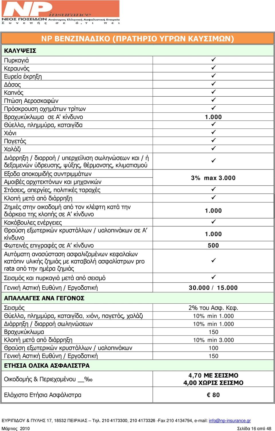 αρχιτεκτόνων και μηχανικών 3% max 3.000 Στάσεις, απεργίες, πολιτικές ταραχές Κλοπή μετά από διάρρηξη Ζημιές στην οικοδομή από τον κλέφτη κατά την διάρκεια της κλοπής σε Α κίνδυνο 1.