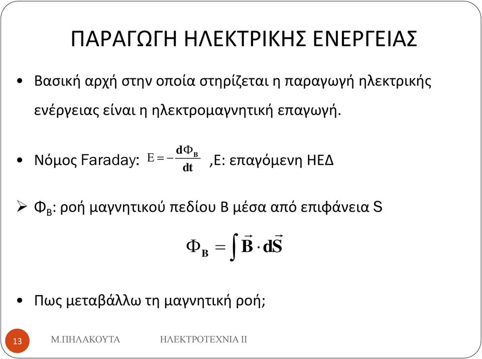 Νόμος Faraday: d dt B,Ε: επαγόμενη ΗΕΔ Φ Β : ροή μαγνητικού πεδίου Β