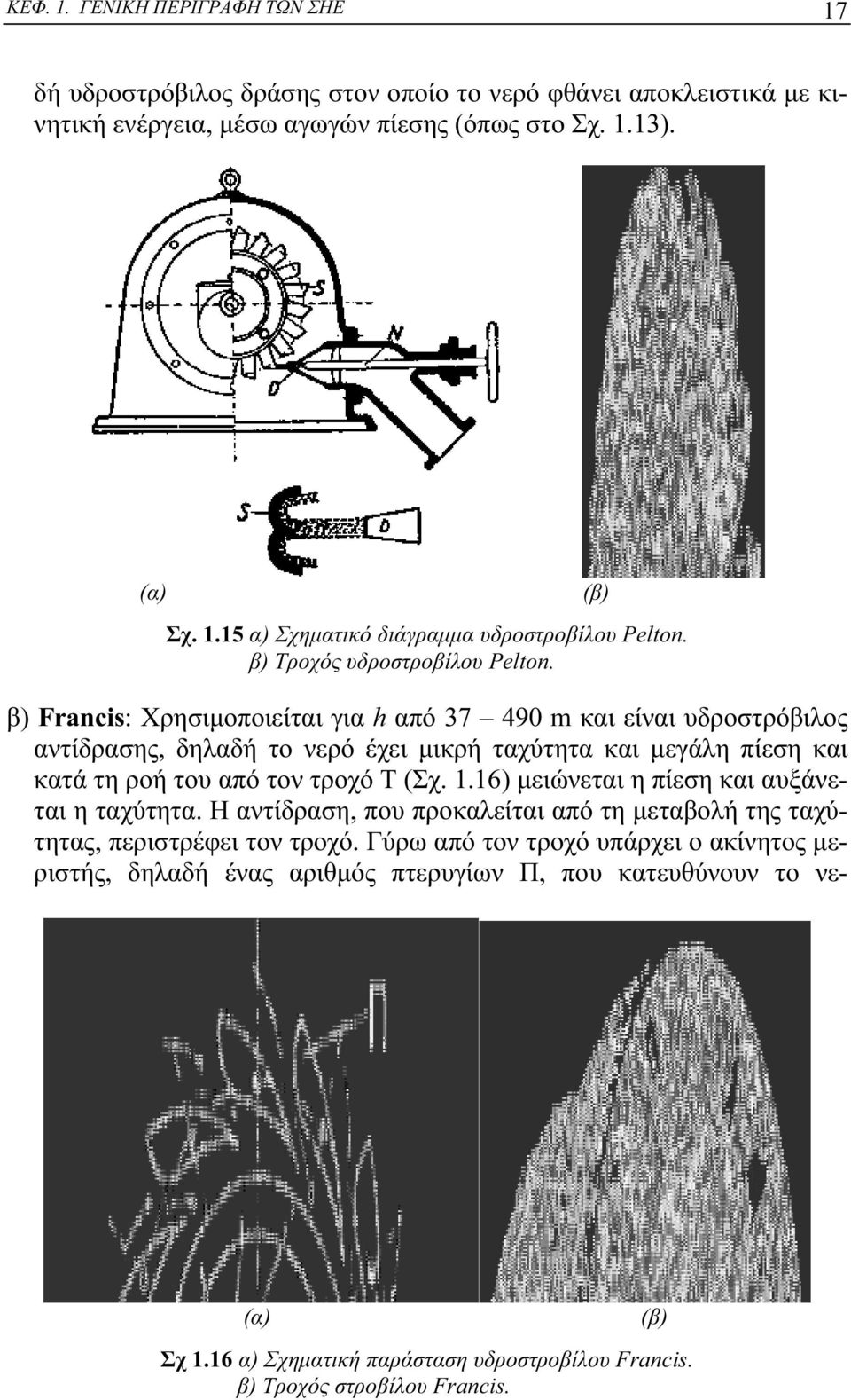 β) Francis: Χρησιμοποιείται για h από 37 490 m και είναι υδροστρόβιλος αντίδρασης, δηλαδή το νερό έχει μικρή ταχύτητα και μεγάλη πίεση και κατά τη ροή του από τον τροχό Τ (Σχ. 1.