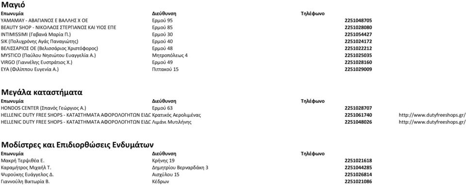 ) Ερμού 49 2251028160 ΕΥΑ (Φιλίππου Ευγενία Α.) Πιττακού 15 2251029009 Μεγάλα καταστήματα HONDOS CENTER (Σπανός Γεώργιος Α.