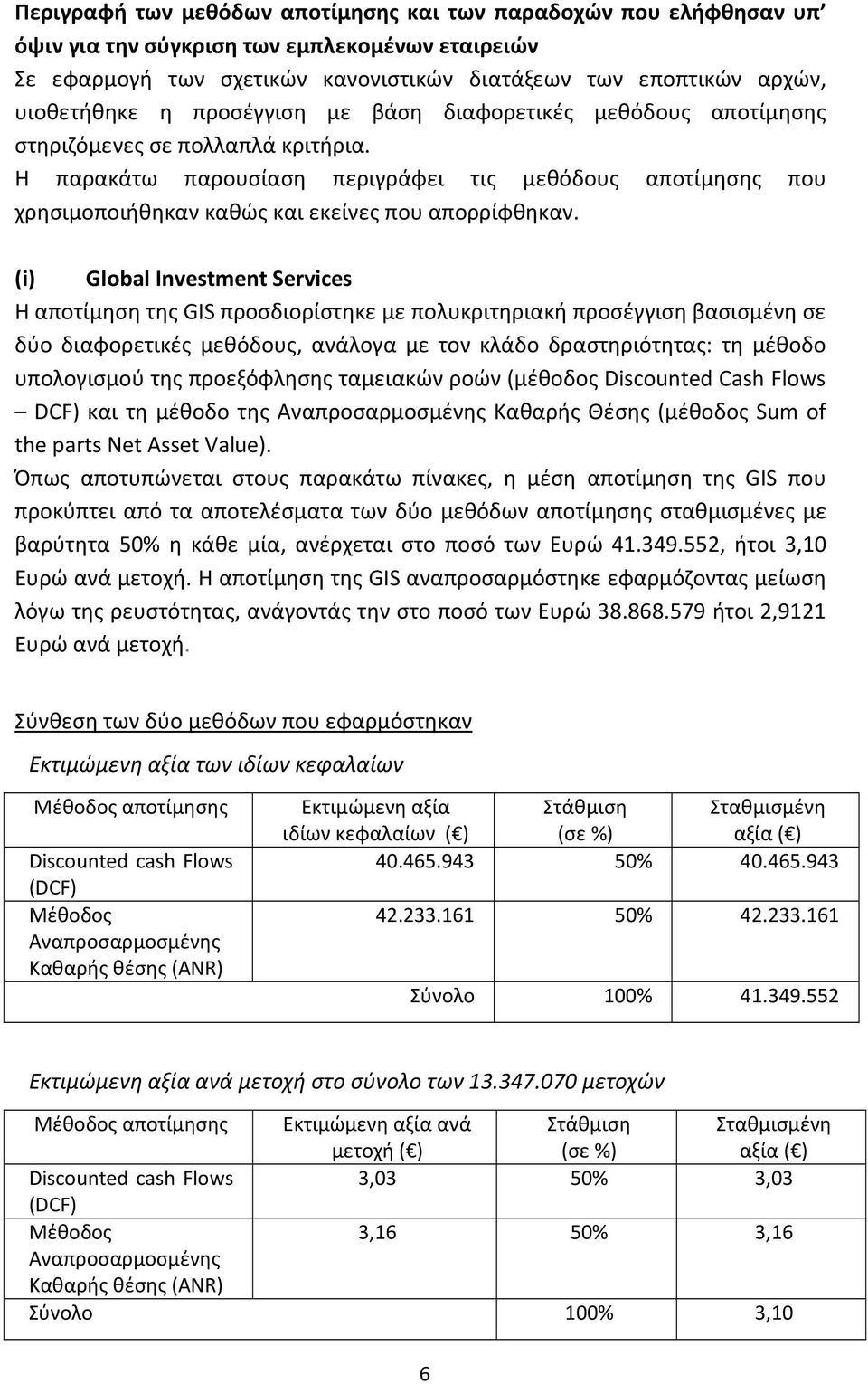 (i) Global Investment Services Η αποτίμηση της GIS προσδιορίστηκε με πολυκριτηριακή προσέγγιση βασισμένη σε δύο διαφορετικές μεθόδους, ανάλογα με τον κλάδο δραστηριότητας: τη μέθοδο υπολογισμού της