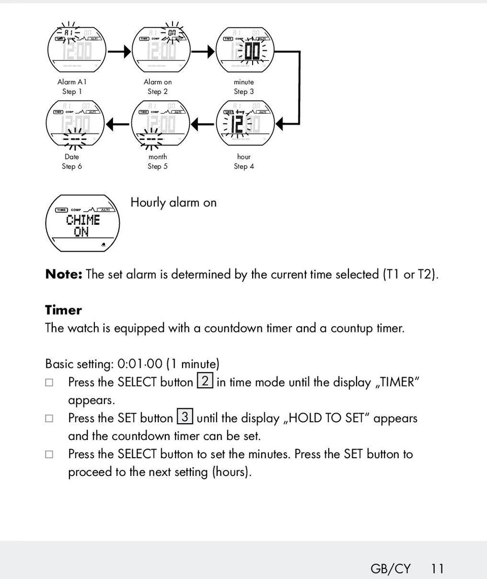 Basic setting: 0:01 00 (1 minute) Press the SELECT button 2 in time mode until the display TIMER appears.