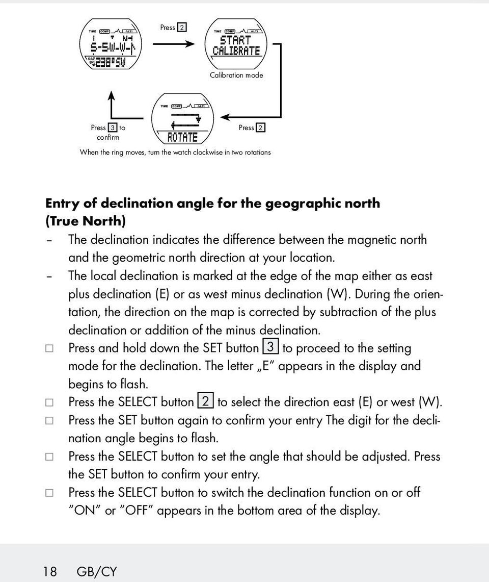 The local declination is marked at the edge of the map either as east plus declination (E) or as west minus declination (W).