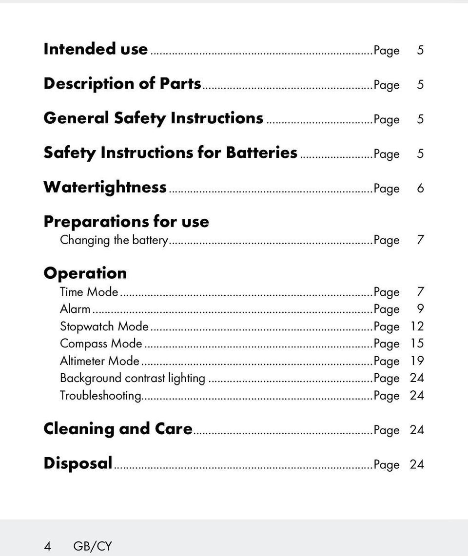 ..Page 6 Preparations for use Changing the battery...page 7 Operation Time Mode...Page 7 Alarm.