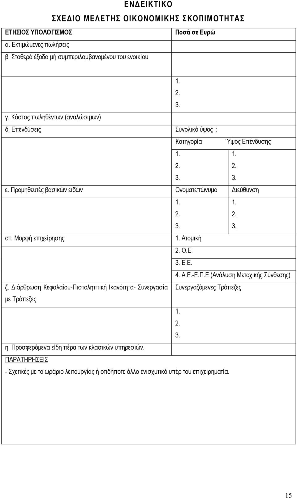 Μορφή επιχείρησης 1. Ατομική 2. Ο.Ε. 3. Ε.Ε. 4. Α.Ε.-Ε.Π.Ε (Ανάλυση Μετοχικής Σύνθεσης) ζ.