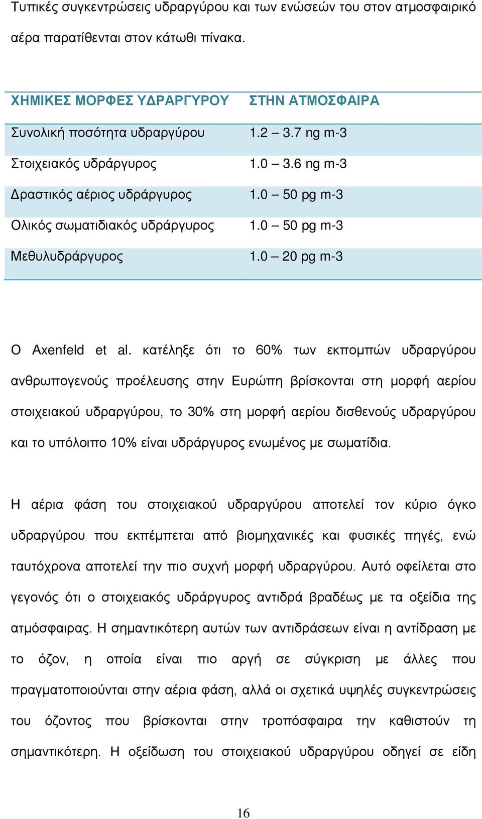 κατέληξε ότι το 60% των εκπομπών υδραργύρου ανθρωπογενούς προέλευσης στην Ευρώπη βρίσκονται στη μορφή αερίου στοιχειακού υδραργύρου, το 30% στη μορφή αερίου δισθενούς υδραργύρου και το υπόλοιπο 10%