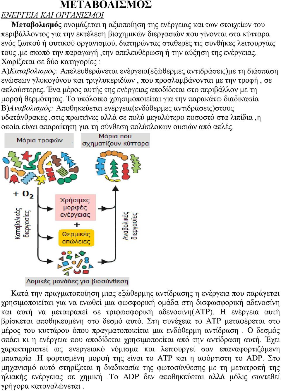 Χωρίζεται σε δύο κατηγορίες : Α)Καταβολισμός: Απελευθερώνεται ενέργεια(εξώθερμες αντιδράσεις)με τη διάσπαση ενώσεων γλυκογόνου και τριγλυκεριδίων, που προσλαμβάνονται με την τροφή, σε απλούστερες.