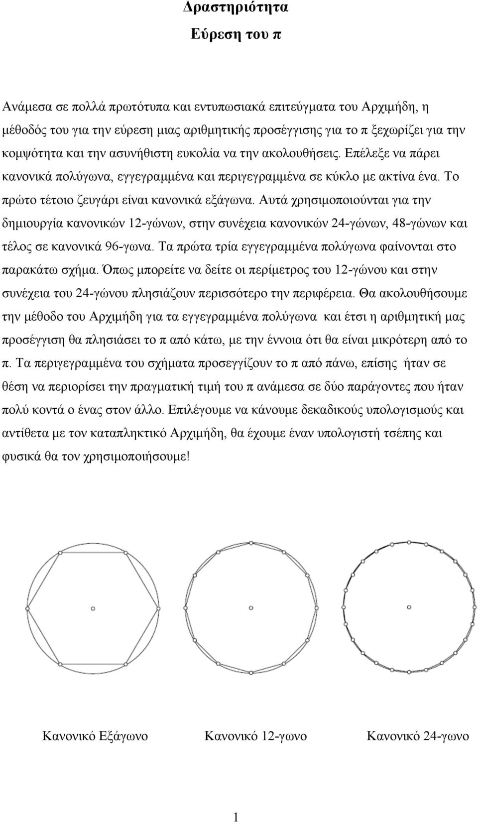 Αυτά χρησιµοποιούνται για την δηµιουργία κανονικών 1-γώνων, στην συνέχεια κανονικών 4-γώνων, 48-γώνων και τέλος σε κανονικά 96-γωνα. Τα πρώτα τρία εγγεγραµµένα πολύγωνα φαίνονται στο παρακάτω σχήµα.