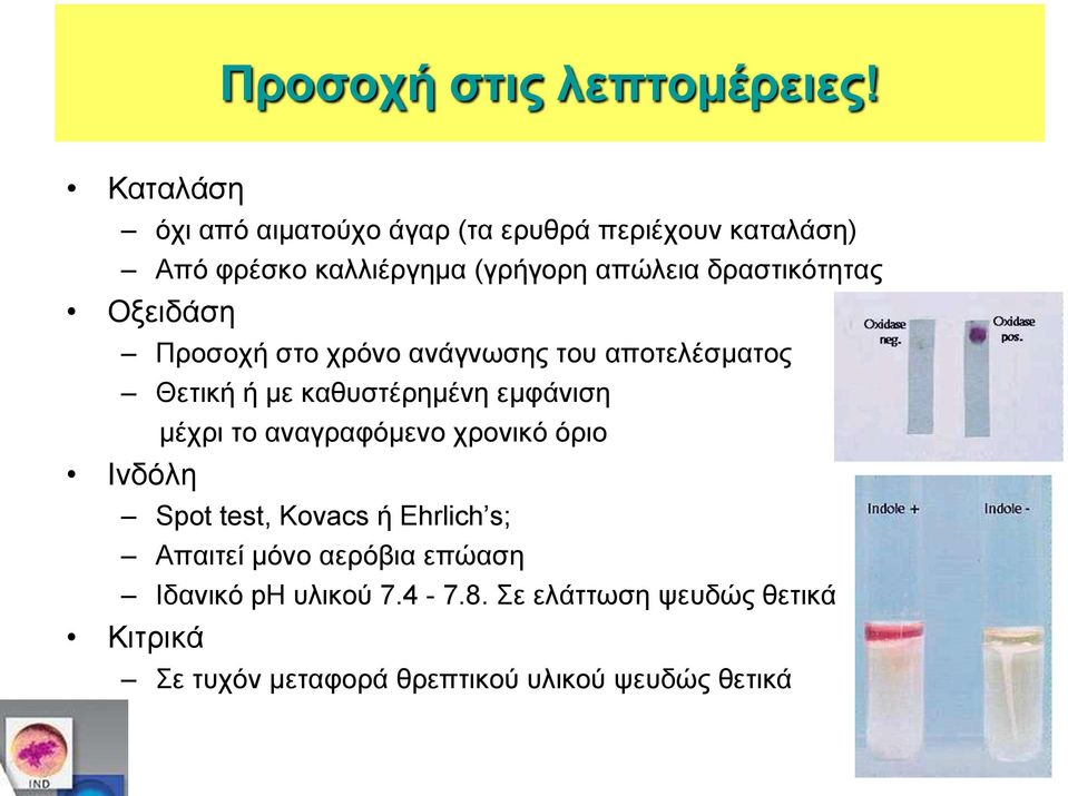 δραστικότητας Οξειδάση Προσοχή στο χρόνο ανάγνωσης του αποτελέσματος Θετική ή με καθυστέρημένη εμφάνιση μέχρι