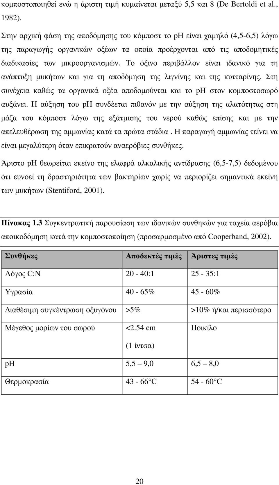 Το όξινο περιβάλλον είναι ιδανικό για τη ανάπτυξη µυκήτων και για τη αποδόµηση της λιγνίνης και της κυτταρίνης. Στη συνέχεια καθώς τα οργανικά οξέα αποδοµούνται και το pη στον κοµποστοσωρό αυξάνει.